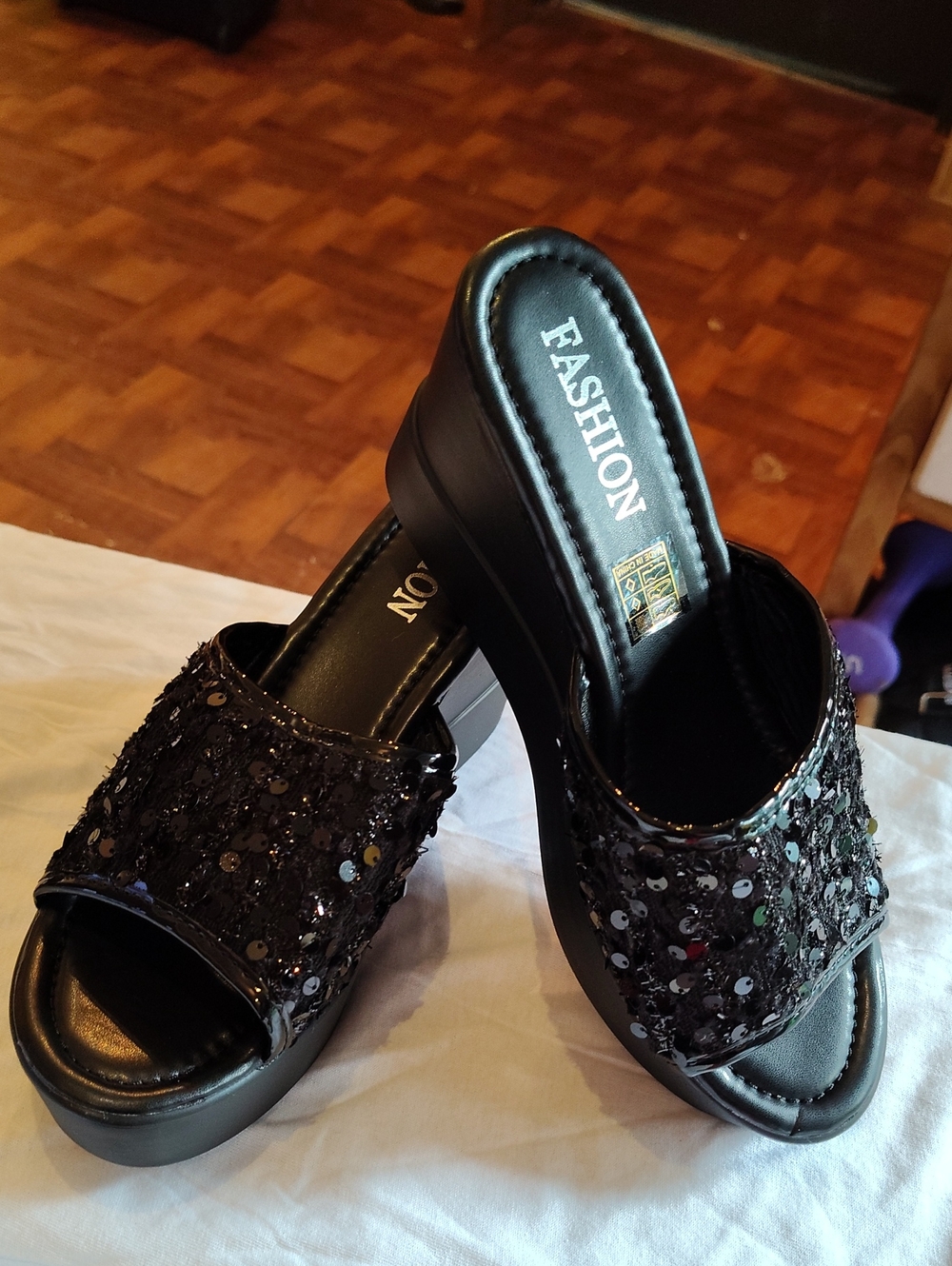 Women's Black Sequin Slide Sandals